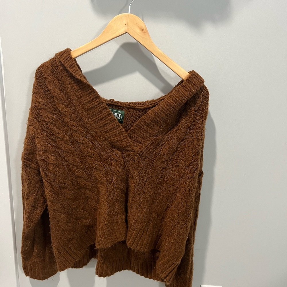 AE Oversized Cozy Brown Cable Knit Sweater Hoodie